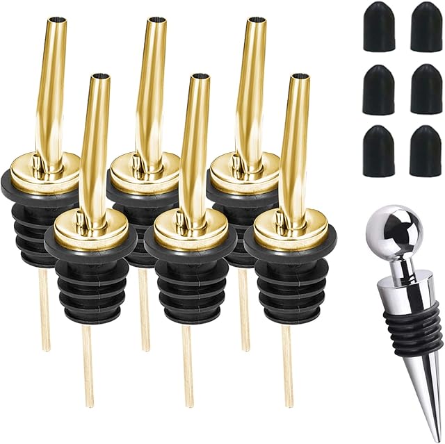 WAFJAMF 6 Pcs Liquor Pour Spouts Set Bottle Pourers Stainless Steel Speed Pourers Wine Bottle Spirits Pourers Oil Pourer with Rubber Dust Caps, for Pours Liquid, Olive Oil, Wine, Vinegar (Gold)