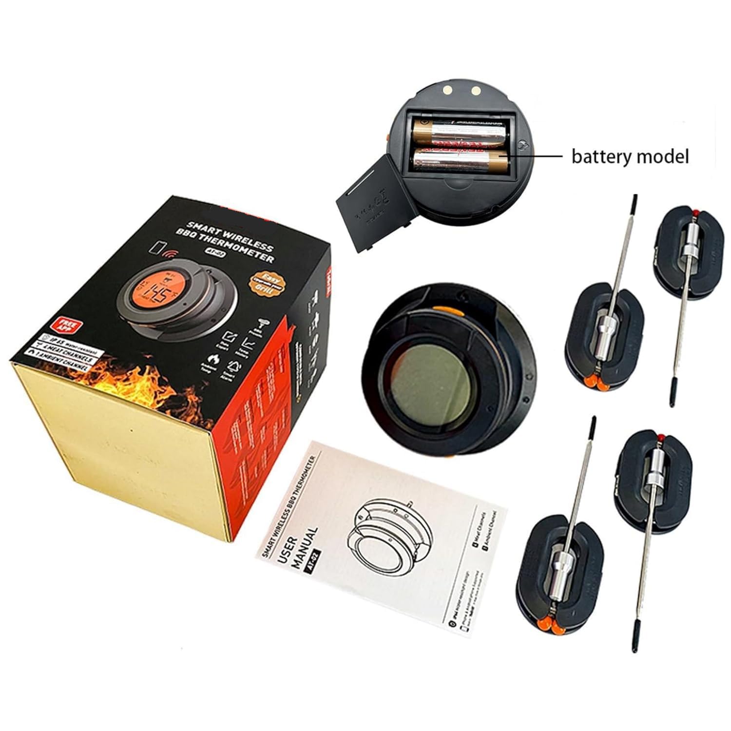 Bezprzewodowy termometr do grilla Bluetooth, inteligentny cyfrowy termometr do mięsa, bezprzewodowy termometr do gotowania, 4 sondy, zestaw do konwersji, aplikacja, wodoszczelny, szybki odczyt, do