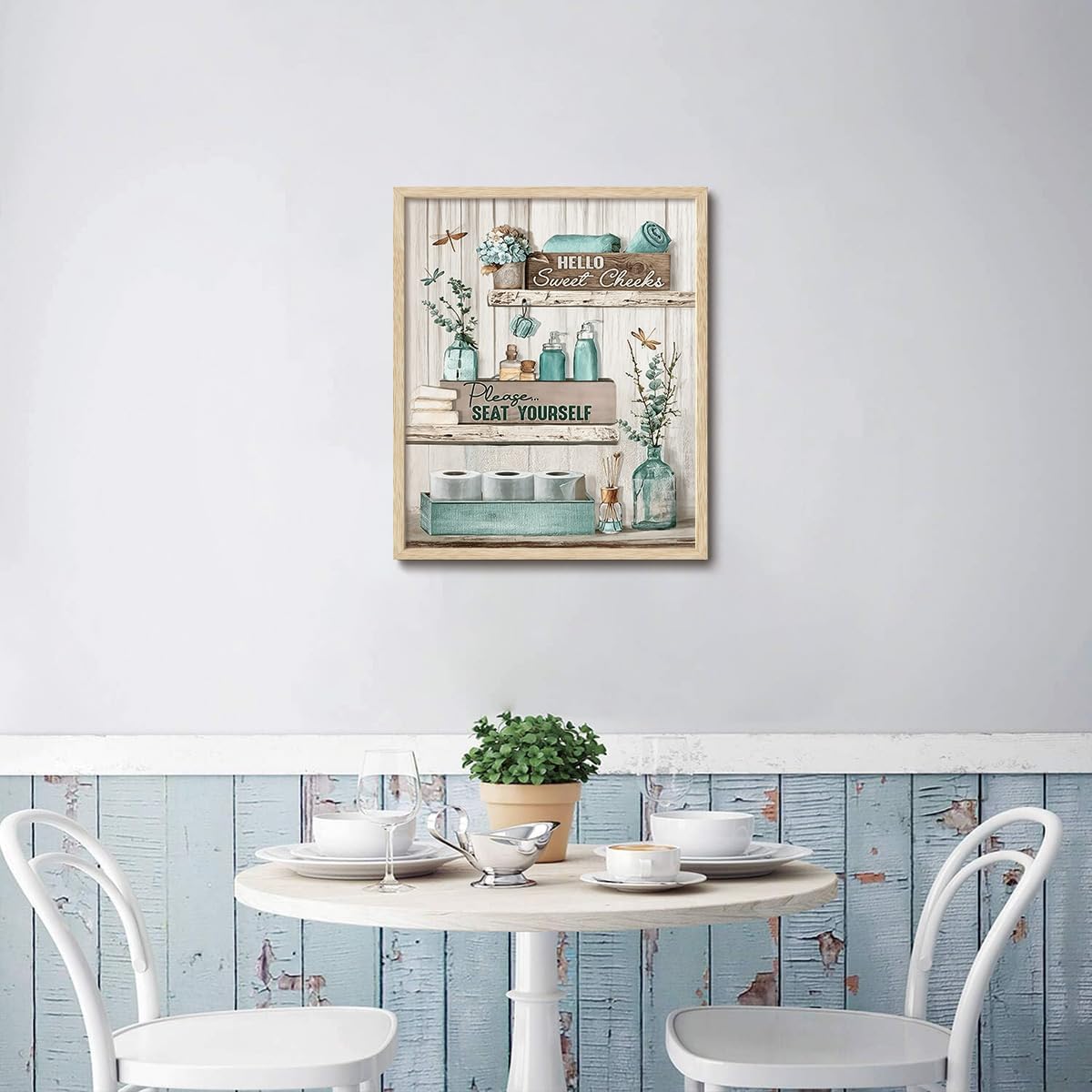 KISSFOX Framed Wall Art Bathroom Wall Decor Farmhouse Pictures Light Blue Eucalyptus Dragonflies Canvas Art Rustic Inspirational Quotes Paintings Artwork For Restroom