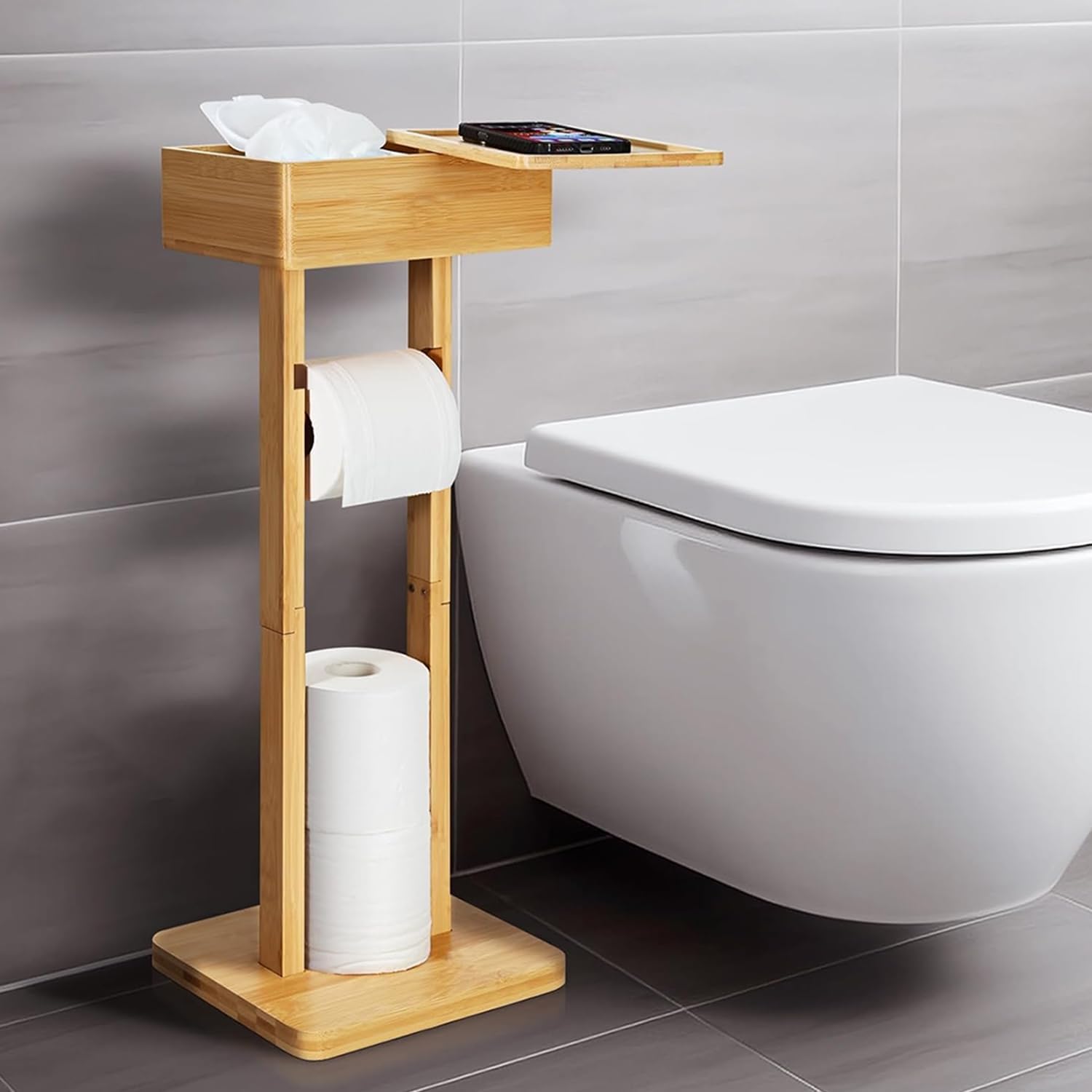 Amazon.com: Bamboo Toilet Paper Holder Stand 4-in-1, Free Standing ...