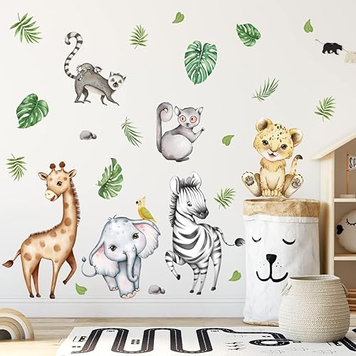 Miniatura 2 de Calcomanías de pared de animales de la selva de acuarela, calcomanías de pared de animales del bosque, elefante, tigre, jirafa, calcomanías de pared