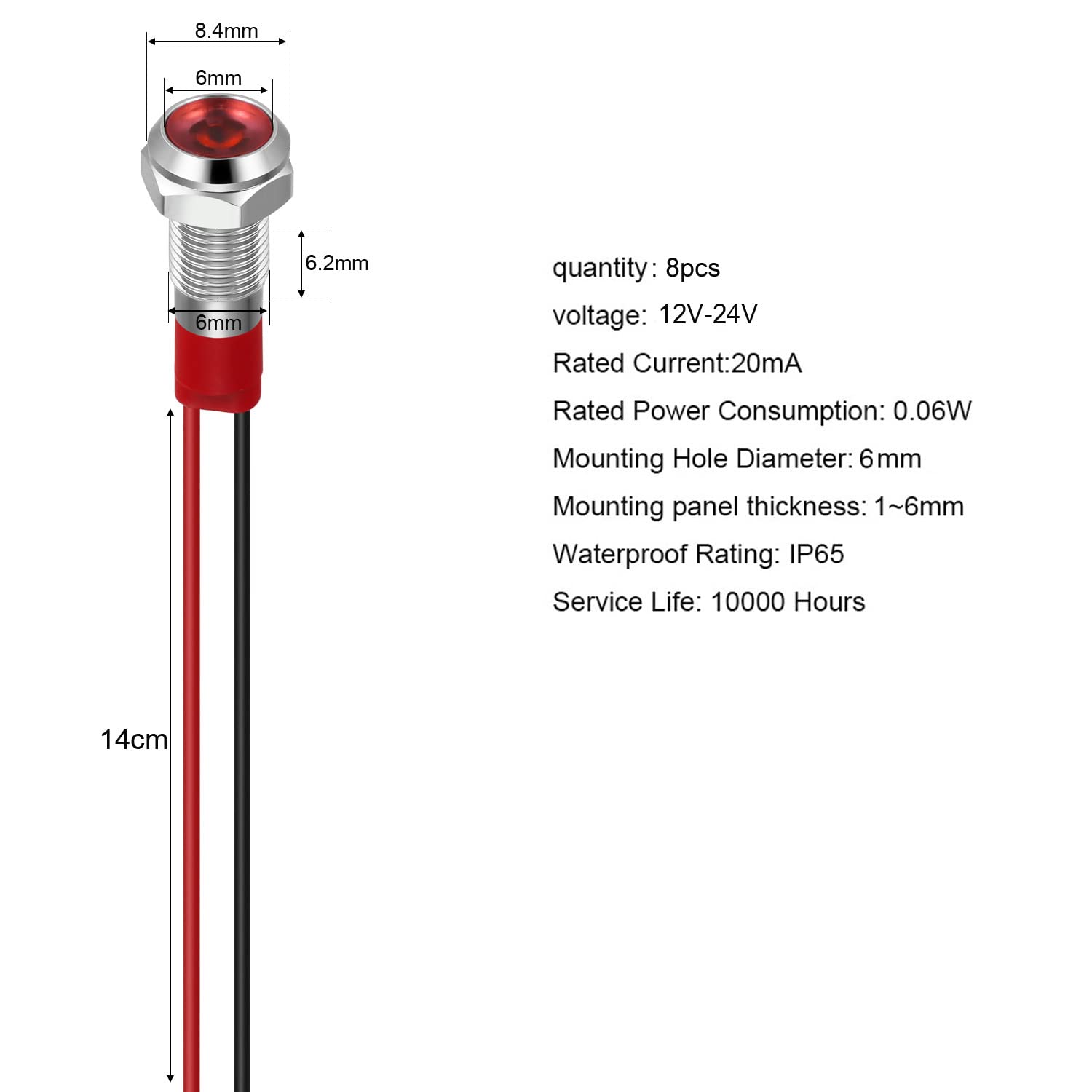 GUUZI 6mm LED Indicator 12-24V Waterproof Metal Panel Indicator Light Flat Head with Wires Silver Shell Red 8 Pcs