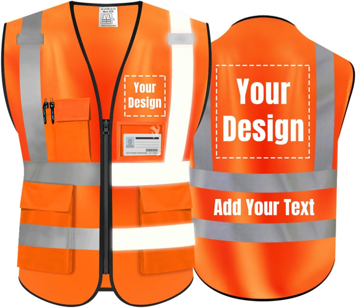 High Visibility Safety Vest Customize Your Logo Protective Workwear 5 Pockets Outdoor Work Vest (XL, Orange)