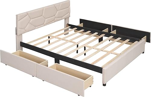 Miniatura 6 de Harper & Bright Designs Cama tapizada de plataforma Queen con 4 cajones de almacenamiento, marco de cama Queen de madera con cabecera de patrón de