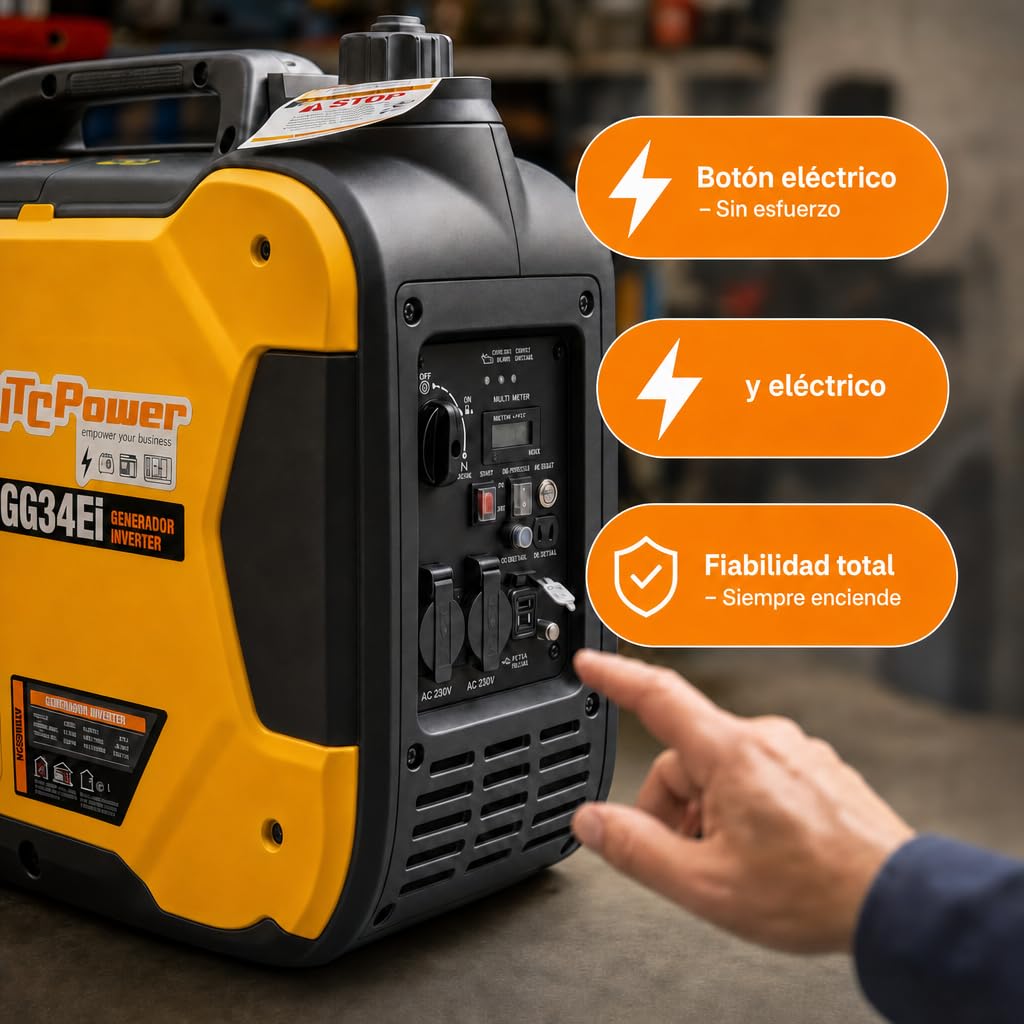 ITCPower Generador Inverter Gasolina GG34EI – Potencia 3400W Máx / 3200W Nominal – Arranque Manual y Eléctrico – 2 Tomas 16A – Bajo Ruido 64dBA – Portátil 27kg
