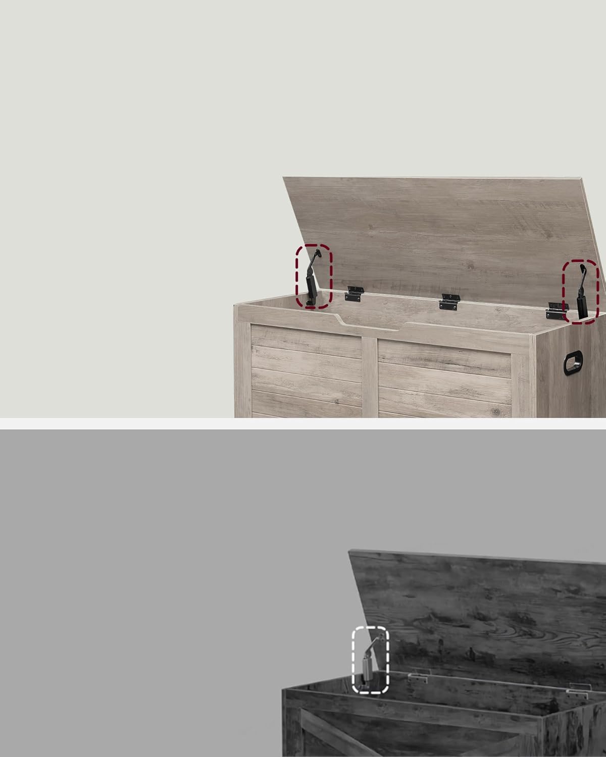 Close-up of the safety hinges on the VASAGLE Storage Chest lid, designed to prevent sudden closing.