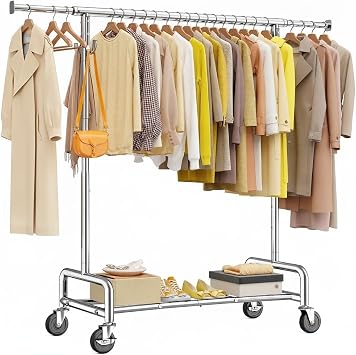 Raybee 75"Wide Clothes Rack with 4 Extra Hooks Sturdy Rolling Clothing Rack | 450LBS Capacity, Stainless Steel, Extendable Hanging Rod, 360 Lockable Wheels, Height Adjustable, 15-Min Tool-free Assembly