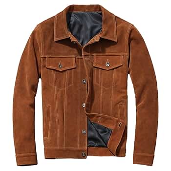 ZARAQ Men's Brown Genuine Suede Trucker Turn Down Collar