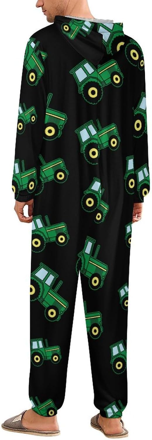 Farm Tractor Adult Pajamas Onesie with Hood Pocket Jumpsuits One Piece Sleepwear