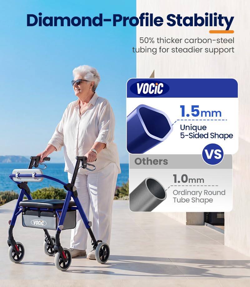 Image of VOCIC Z11 Rollator Walkers for Seniors with Seat, 500 LBS Load, Ultra Wide | High-capacity support, 23 inch wide frame, ergonomic seat, dual brakes, and slim fold for home, shopping & daily walks, Blue