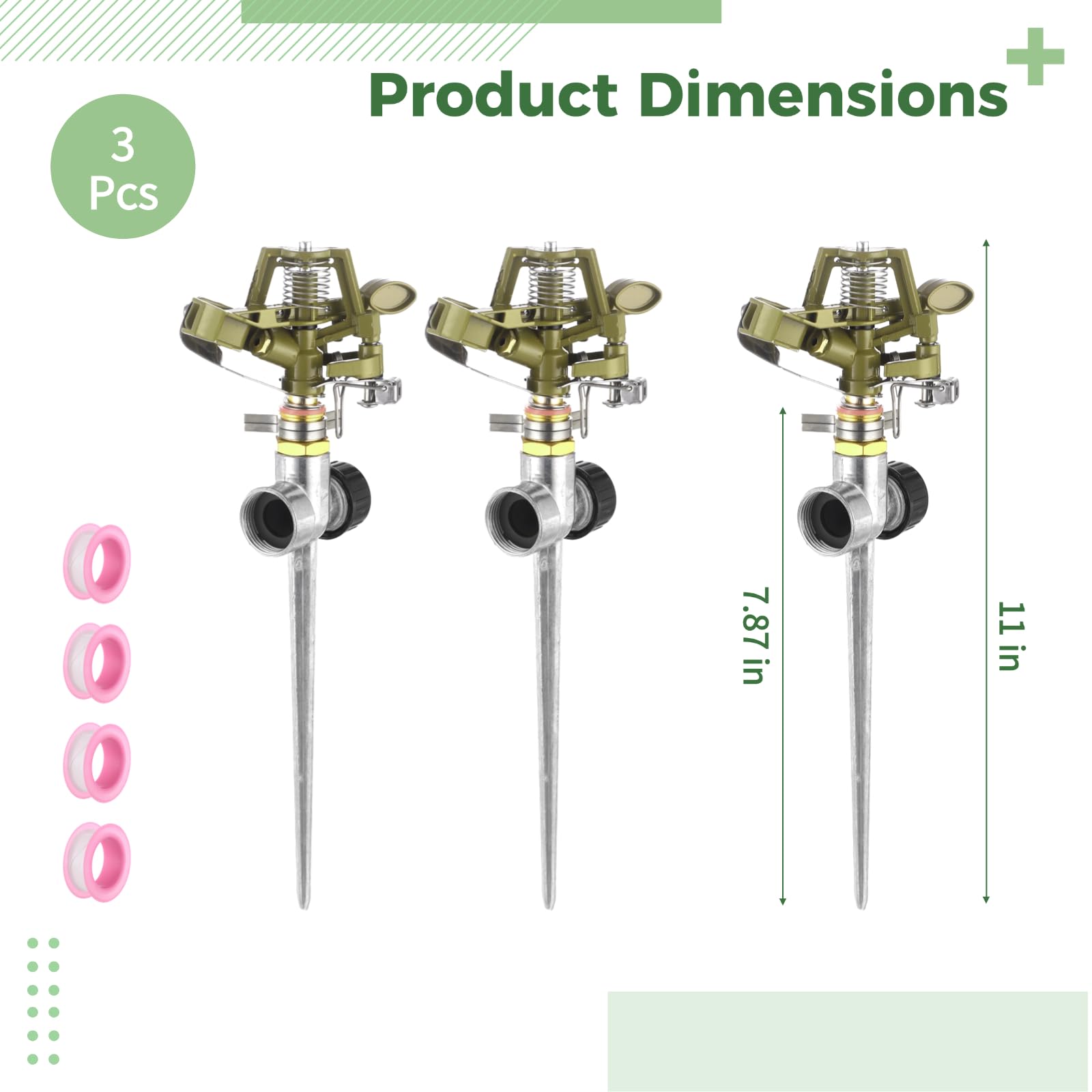 3 STK. Spike-Sprinkler aus Legierung mit 4 Rollen PTFE-Band, automatisch rotierender Gartenregner mit Einstellbarer Durchflussdüse für Rasen, Hof, Terrasse, Außen-Gartenbewässerung