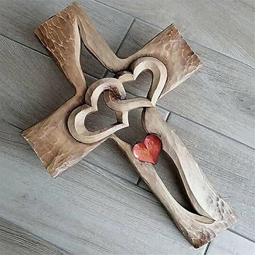 Miniatura 2 de HADZLPOY Cruz de madera tallada  corazones entrelazados, cruz de madera para colgar en la pared, cruz de madera tallada a mano para decoración del