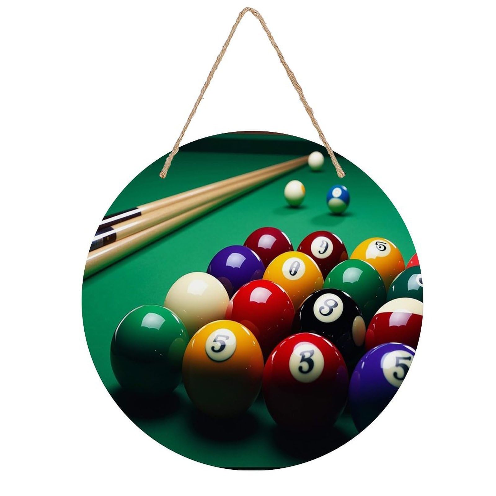 Billiards Round Wooden Ornaments Unique Wood Decorative Paintings for Christmas Retro-Style Wooden Door Hanger for Crafts Home Holiday Decor Bar 7.87 Inch