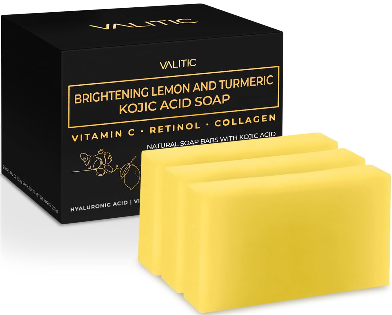 VALITIC Kojic Acid Brightening Soap with Lemon and Turmeric, Vitamin C, Retinol and Collagen - Original Japanese C