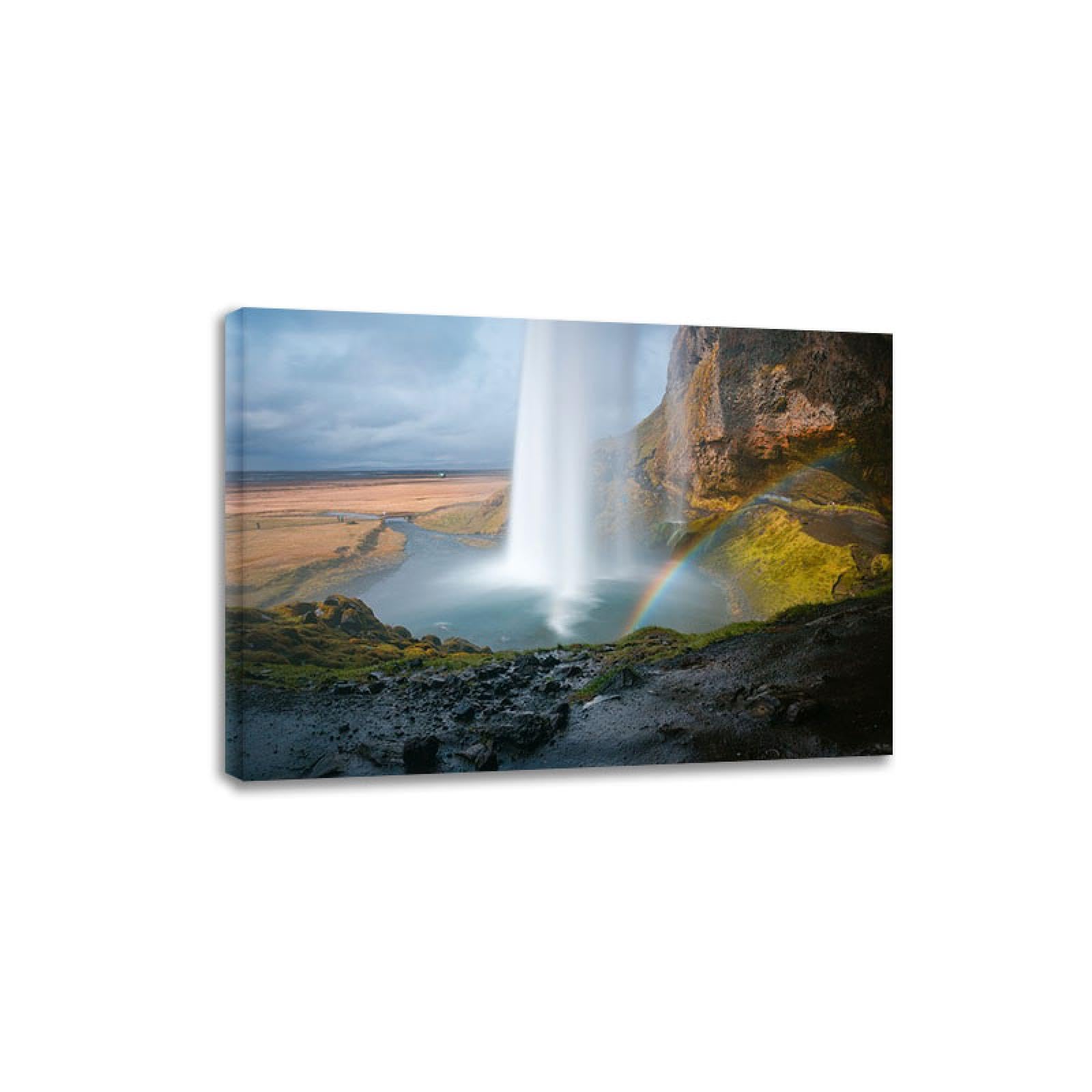 OUTFYT Cascada de arco iris al aire libre sobre montañas rocosas Imágenes de paisajes Imágenes panorámicas sobre lienzo Naturaleza Arte moderno Lienzo Arte de pared para oficina 80x112 cm enmarcado