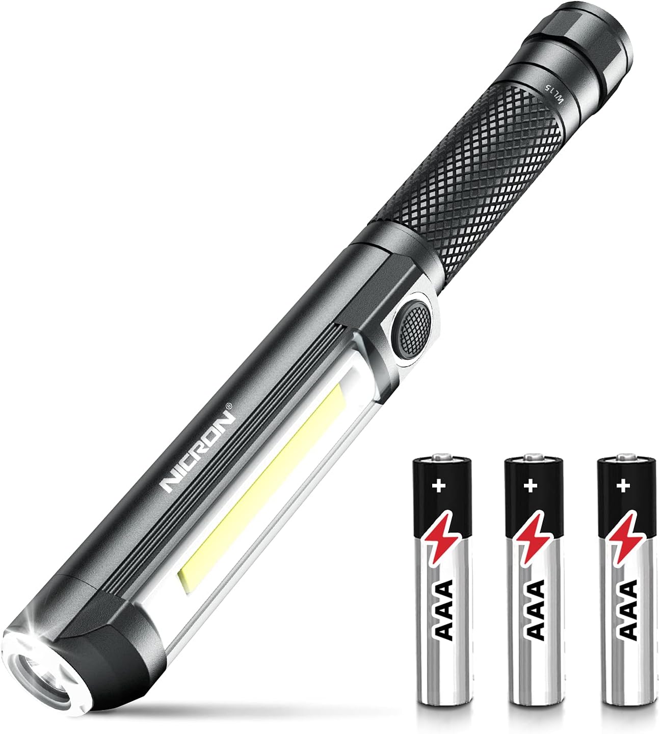 NICRON Worklight Flashlight Pocket COB Magnetic Base Work Light, 500 Lumens Inspection Pen Light 5 Modes LED Flood Beam WL15 Handheld Led Flashlight 3*AAA for Car Repair, Household and Outdoor Use