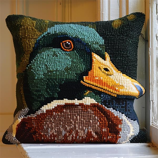 Kitquiver Latch Hook Cushion Kits Duck Latch Hook Kits for Adults Pillow Case 43X43cm Handmade Crochet Craft Kits Cushion Cover Needlework for Home Decoration Patterns Printed DIY Making Kit