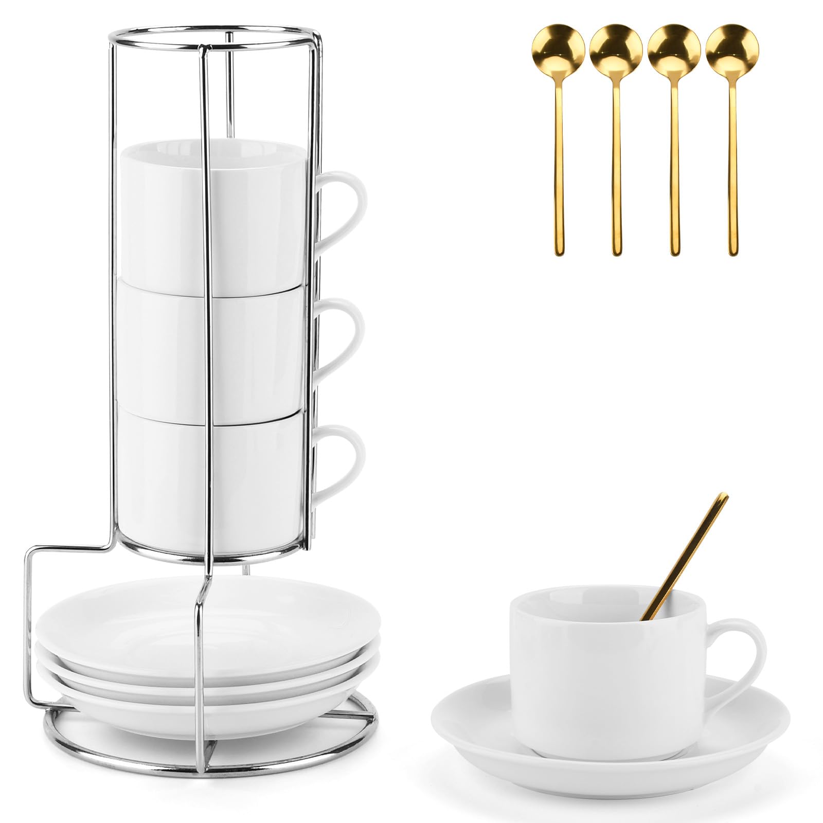 Set di 4 Tazzine Caffè, 4 x 5oz(160ml) Set Tazzine Caffè impilabili in Piattino e Supporto in Metallo, Ideale per Espresso, Cappuccino, Latte, Moka e Tè(con 4 Cucchiaio da Caffè)