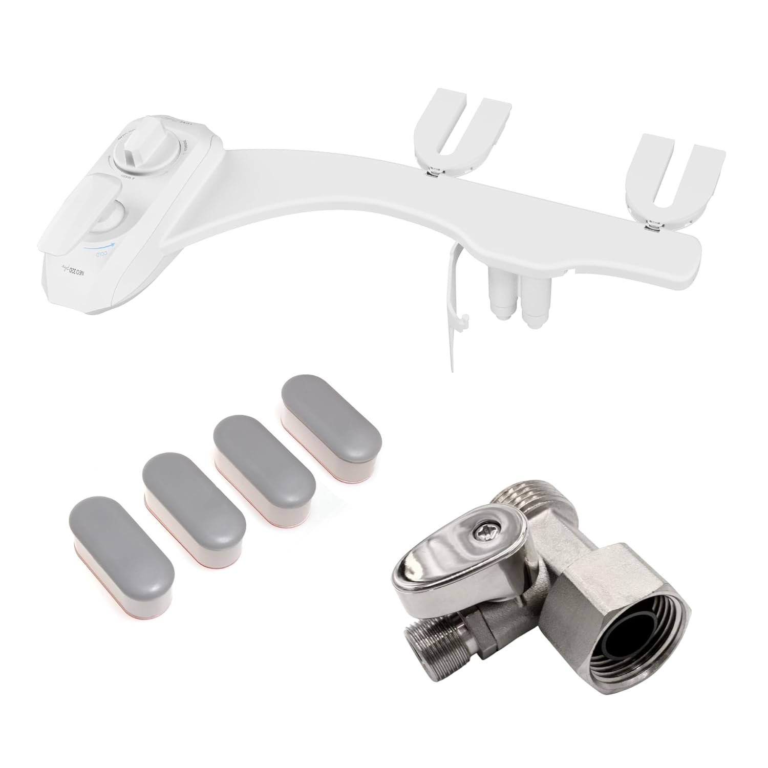 LUXE Bidet NEO 320 Plus White, Toilet Seat Bumpers, and Shut-off Valve T-Adapter Bundle
