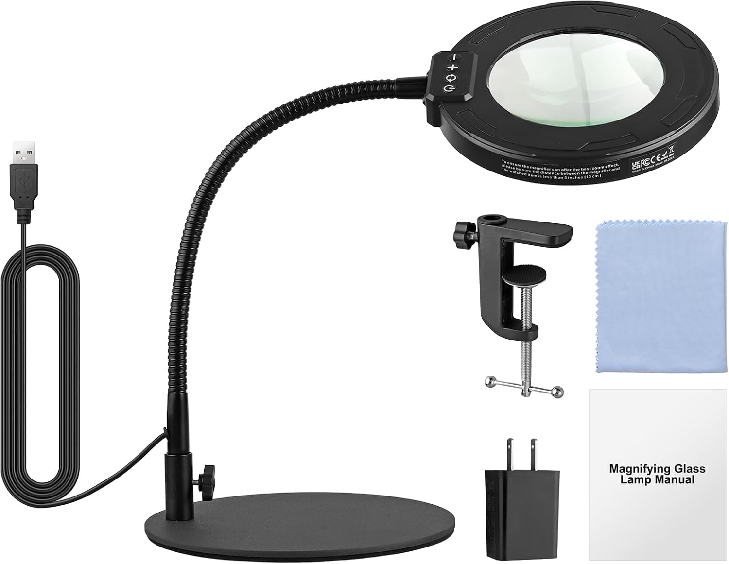 10X Magnifying Glass with Light and Stand, 2-in-1 Desk Lamp & Clamp Light, Adjustable Gooseneck Swivel Arm, Hands Free Magnifier for Close Work, Reading, Sewing