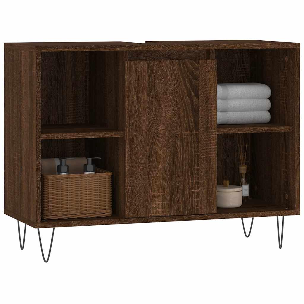 Armoire Salle de Bain chêne Marron Bois d'ingénierie 80x33x60cm avec Porte réversible Rangement Meuble lavabo Vasque Colonne tiroir pour Organiser Accessoires sanitaires