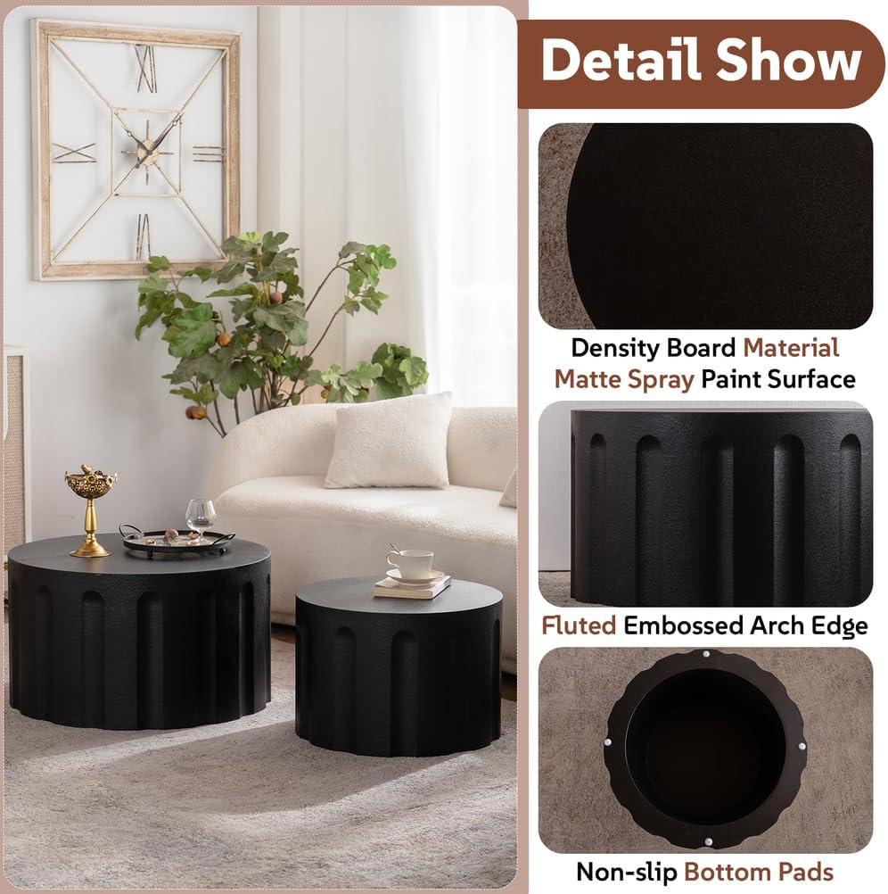 Round Nesting Coffee Table Set of 2 for Living Room, Modern Fluted Coffee Tables and End Table Sets Drum Circle Side Tables for Small Spaces Bedroom Balcony Office No Assembly Required,Black