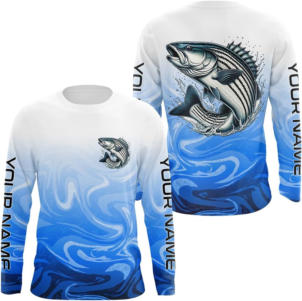 Striped Bass Fishing Custom Long Sleeve Shirts, Striper Saltwater Fishing Apparel | Blue Camo