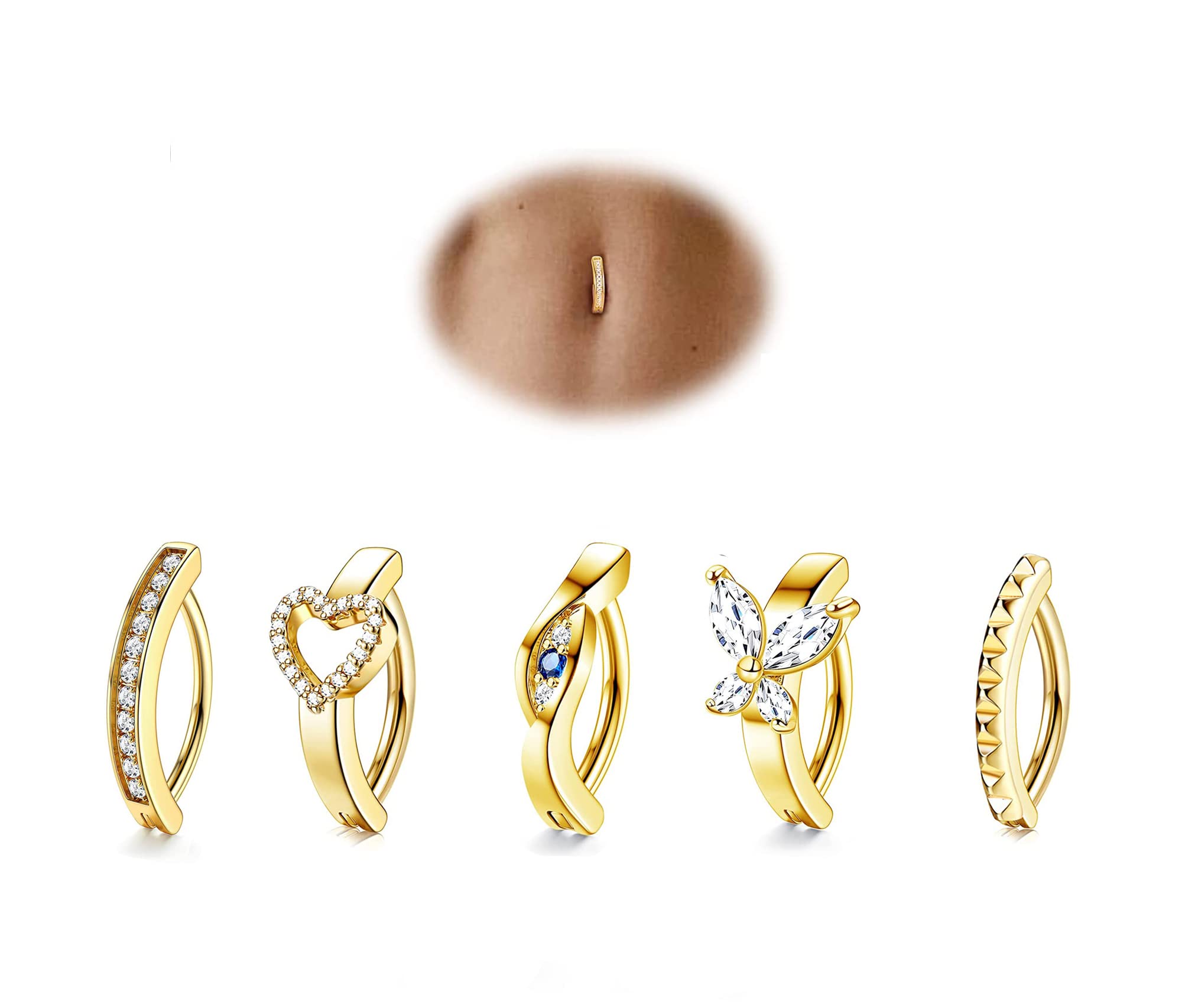 JeryWe 4Pcs 14G Clicker Piercing Ombelico para Mujer Acero Inoxidable Anillos de Ombligo CZ Opal Twist Curvo Inverso Piercing Banana Ombligo Joyería de Cuerpo