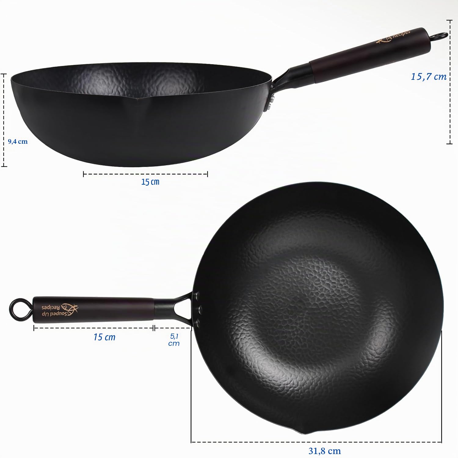 Souped Up Recipes Wok en acier au carbone pour cuisinières électriques, à induction et à gaz (couvercle, spatule et guide d'utilisation vidéo (français non garanti) inclus)