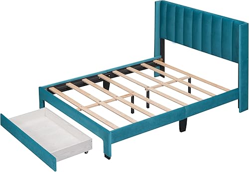 Miniatura 58 de Cama de plataforma de tamaño Queen con cajones para dormitorio, marco de cama tapizado de terciopelo para niños, niñas, adolescentes y adultos, no