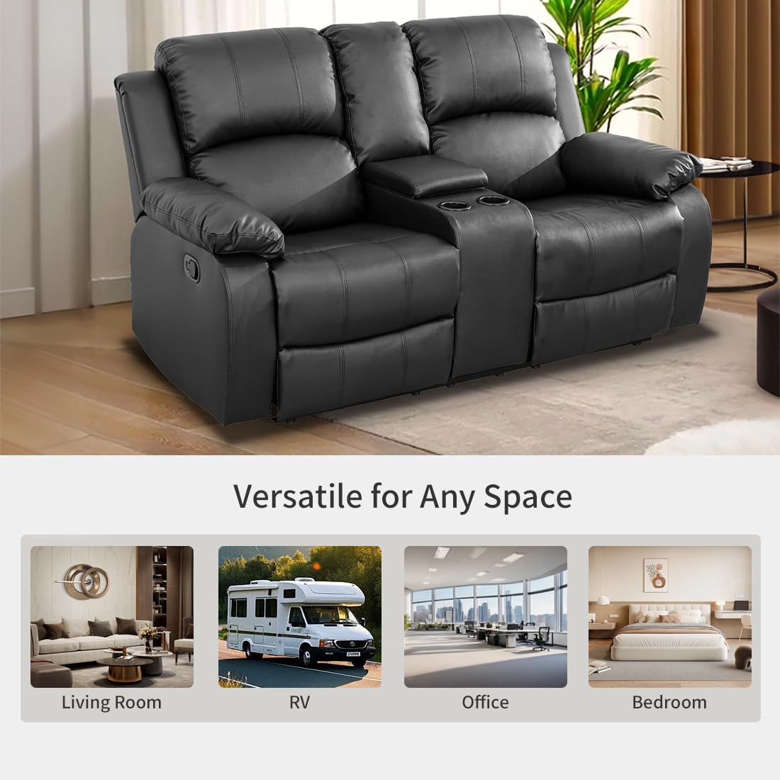 Toseslo Manual Recliner Loveseat Set, Living Room Furniture Sets, 2 Seater Modern Reclining Couches, Black Leather Reclining Couch Sets with Storage Console/Cup Holder for Living Room/Apartment view 6