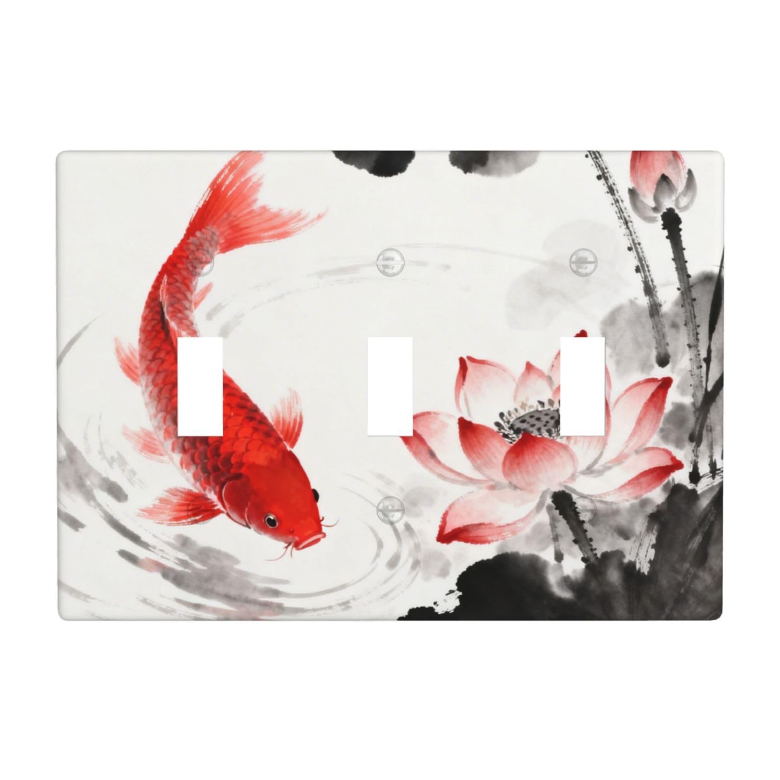 Koi Fish Lotus 3 Gang Switch Plate Cover-Unbreakable Polycarbonate Wall Plate, Heat Resistant Toggle Switch Decor for Home