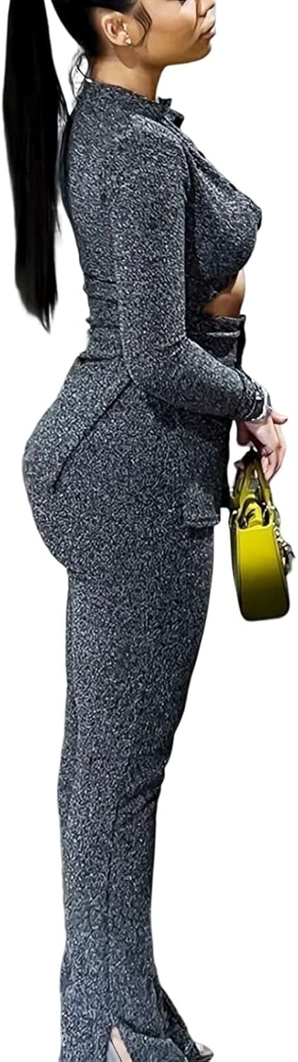 Womens 2 Piece Outfits Hollow Out Casual Lady Business Suits Button Long Sleeve Cardigan Tops,High-Waist Slim Fit Pants Set - Image 3
