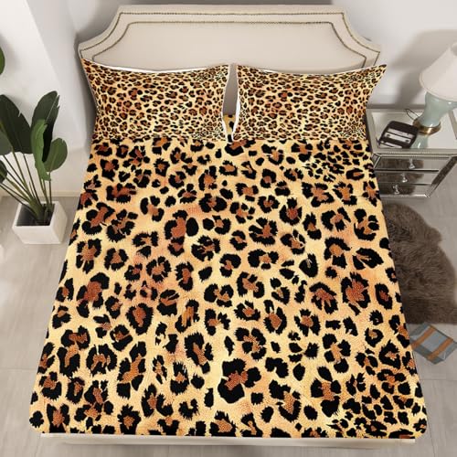 Black Brown Leopard Print Sheet Sets Women Cheetah Print Fitted Sheet for Kids Boys Girls Children Men Africa Animal Wildlife Bedding Set Ultra Soft Decor Safari Bed Cover No Flat Sheet Twin Size