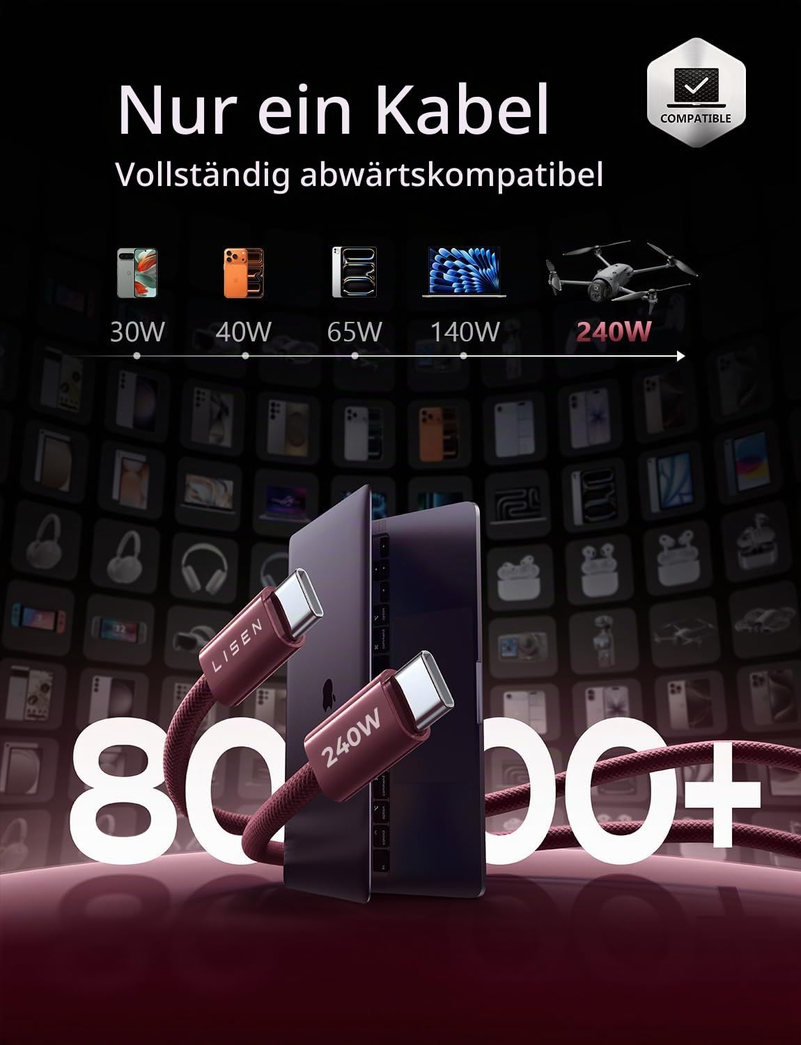 LISEN 240W USB C Kabel, PD 3.1 USB C Ladekabel, Burgunder – Ansicht 5