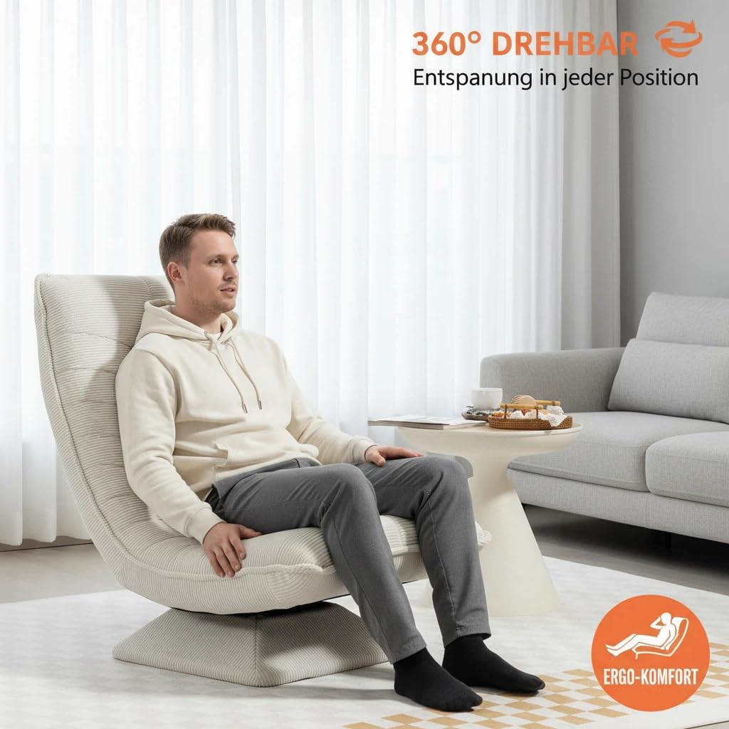 Poltrona da soggiorno con schienale regolabile, girevole a 360° | Senza montaggio, velluto a coste, cuscino da 13 cm, schienale regolabile, portata 150 kg, pieghevole salvaspazio, beige
