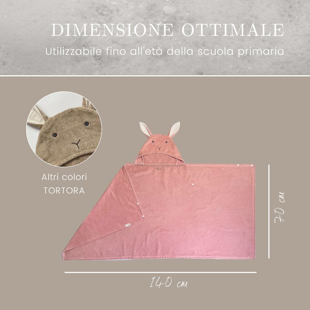 DIKOS® Poncho Bagno Bimbi Rosa Antico 70x140 cm | 2 in 1 Asciugamano Cappuccio Coniglio, Bottoni a Pressione, fino a Tg. 140 | 100% Cotone Bio Spugna/Velour, Morbido e Assorbente | Regalo Nascita