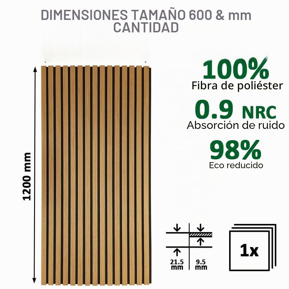Paneles Acústicos de Madera Real, Panel para Pared Rectangular Decorativo 3D con Tejido de fieltro, Aislante con Chapa de Madera, Pack 4 unidades de 120 x 60 x 2,1 cms (2,88 m²) (Roble Natural)