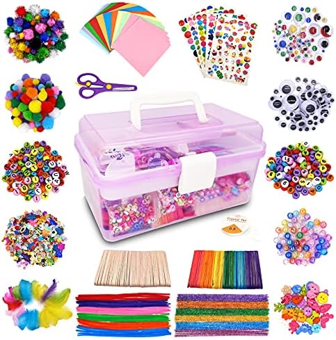 Irichna 1000+ Pcs Kids Craft Box Kit, Toddler Arts and Crafts for Kids Includes Pom Poms, Pipe Cleaners, Feather, Folding Craft Box - All in One for Kids Toddler DIY Craft Set (Purple)