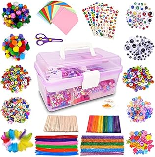 Irichna 1000+ Pcs Kids Craft Box Kit, Toddler Arts and Crafts for Kids Includes Pom Poms, Pipe Cleaners, Feather, Folding Craft Box - All in One for Kids Toddler DIY Craft Set (Purple)