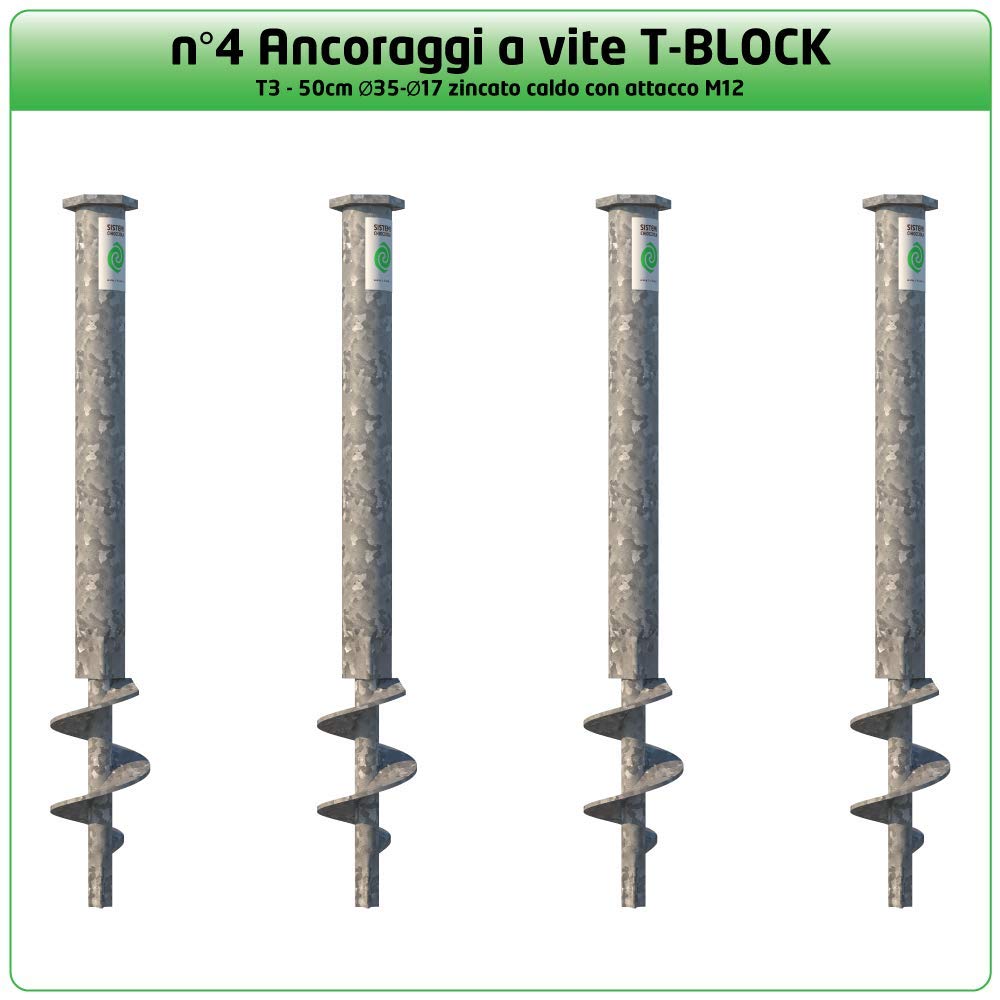 T-BLOCK - Kit professionnel de 4 vis d'ancrage au sol écologique longueur 50 cm Ø 35-17 tête hexagonale de 46 mm avec point fixe M12.