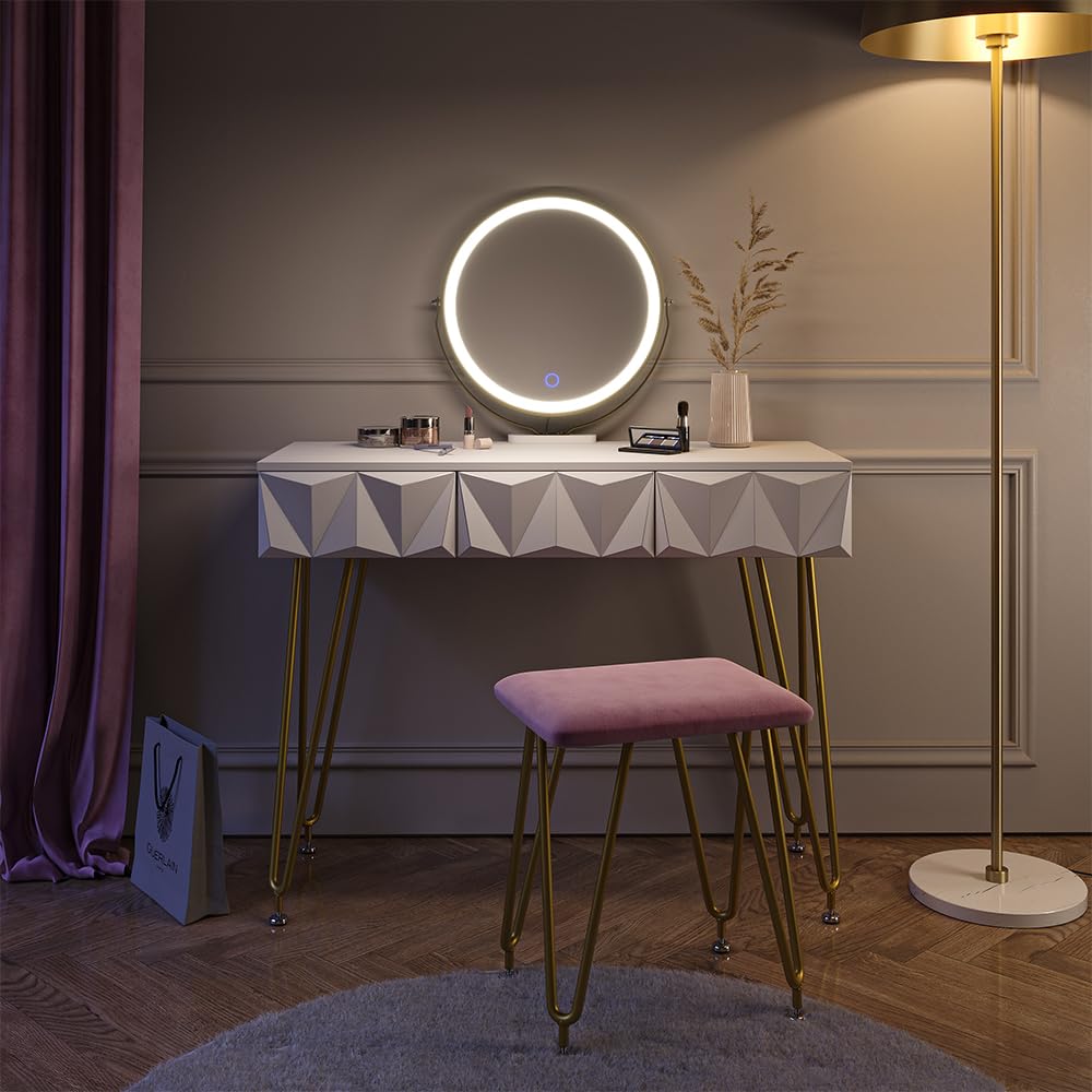 Vicco Tavolo da toeletta Ruby, Bianco, 100 cm | con illuminazione LED e sgabello, Spazio per trucco, prodotti per capelli e cura sempre a portata di mano