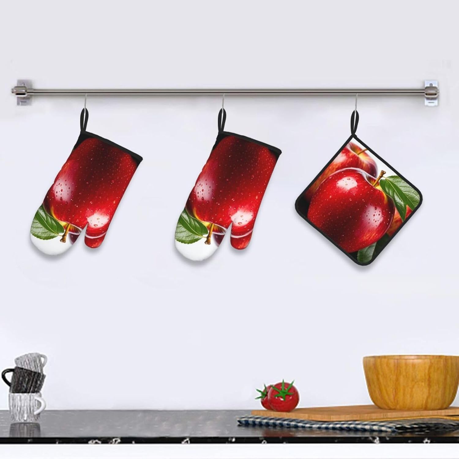 3Pcs Oven Mitts and Pot Holders Set,Red Apple Fruit Kitchen Oven Glove Heat Resistant Microwave Gloves Extra Thicken Long Cotton Oven Gloves for Cooking Potholder and Hot Pad