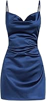 ZAFUL Women's Satin Sleeveless Spaghetti Strap Cowl Neck Mini Dress - Sexy Slip A-Line Cocktail Party Dress