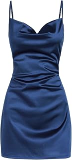 ZAFUL Women's Satin Sleeveless Spaghetti Strap Cowl Neck Mini Dress - Sexy Slip A-Line Cocktail Party Dress