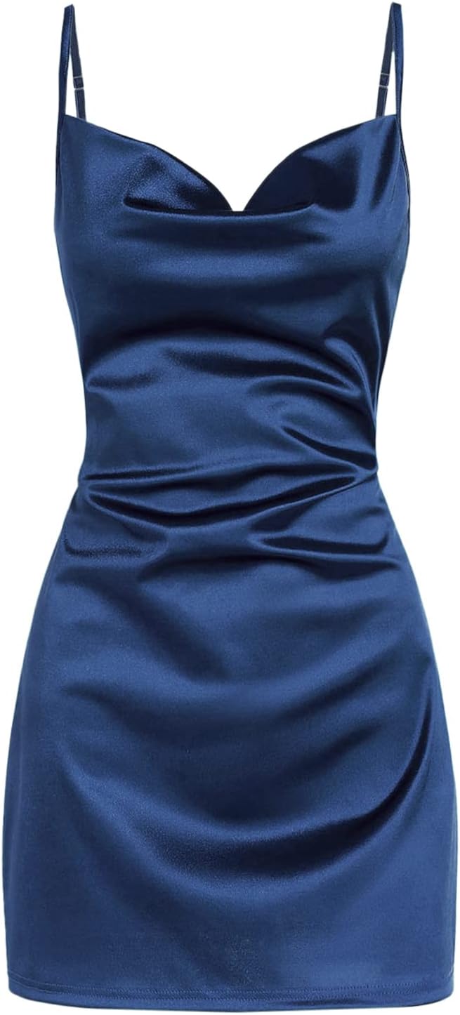 Women's Satin Sleeveless Spaghetti Strap Mini Dress Sexy Slip Cowl Neck Silky Cocktail Party Dresses
