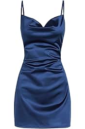 Women's Satin Sleeveless Spaghetti Strap Mini Dress Sexy Slip Cowl Neck Silky Cocktail Party Dresses