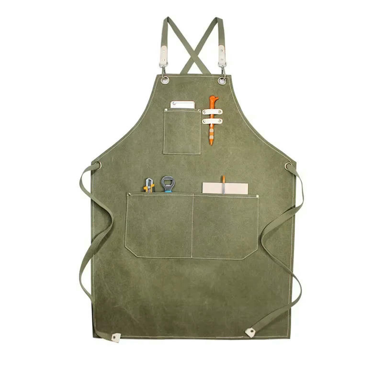 Grembiule da Giardinaggio Duty Canvas Barista Chef Ristorante Uomo Cuoio Giardino BBQ Griglia Grembiuli Parrucchiere con Tasche Attrezzate-Verde