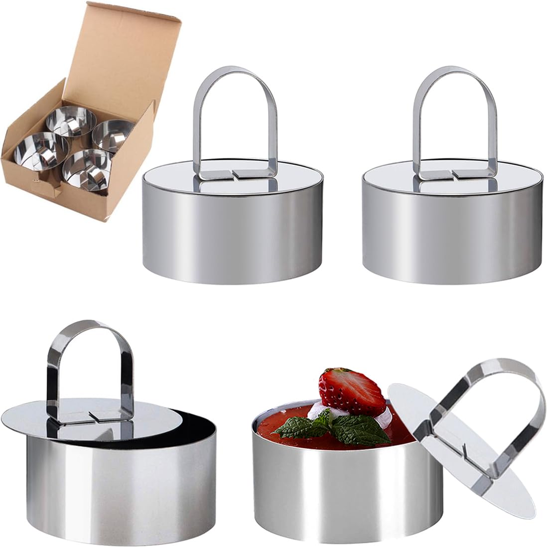 Round Cake Ring Mold, 3 inch Stainless Steel Dessert Mousse Molds with Pusher & Lifter Cooking Rings, Tuna Tartare Mold (4 Rings & 4 Pusher)