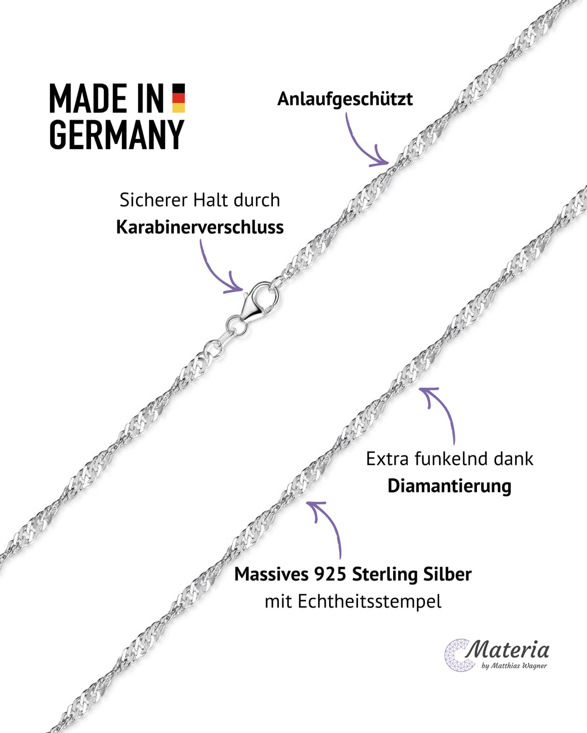 Feine Singapurkette 925 Silber Damen - Halskette 3mm flach K95 | Gedrehte Silberkette aus hautfreundlichem 925 Sterling Silber diamantiert in 40-70cm von MATERIA by Matthias Wagner